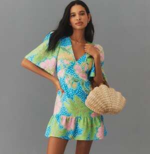 Rhode Mariana Dress Blue Psychedelic Flower Linen Ruffle Hem Size 14 NWT